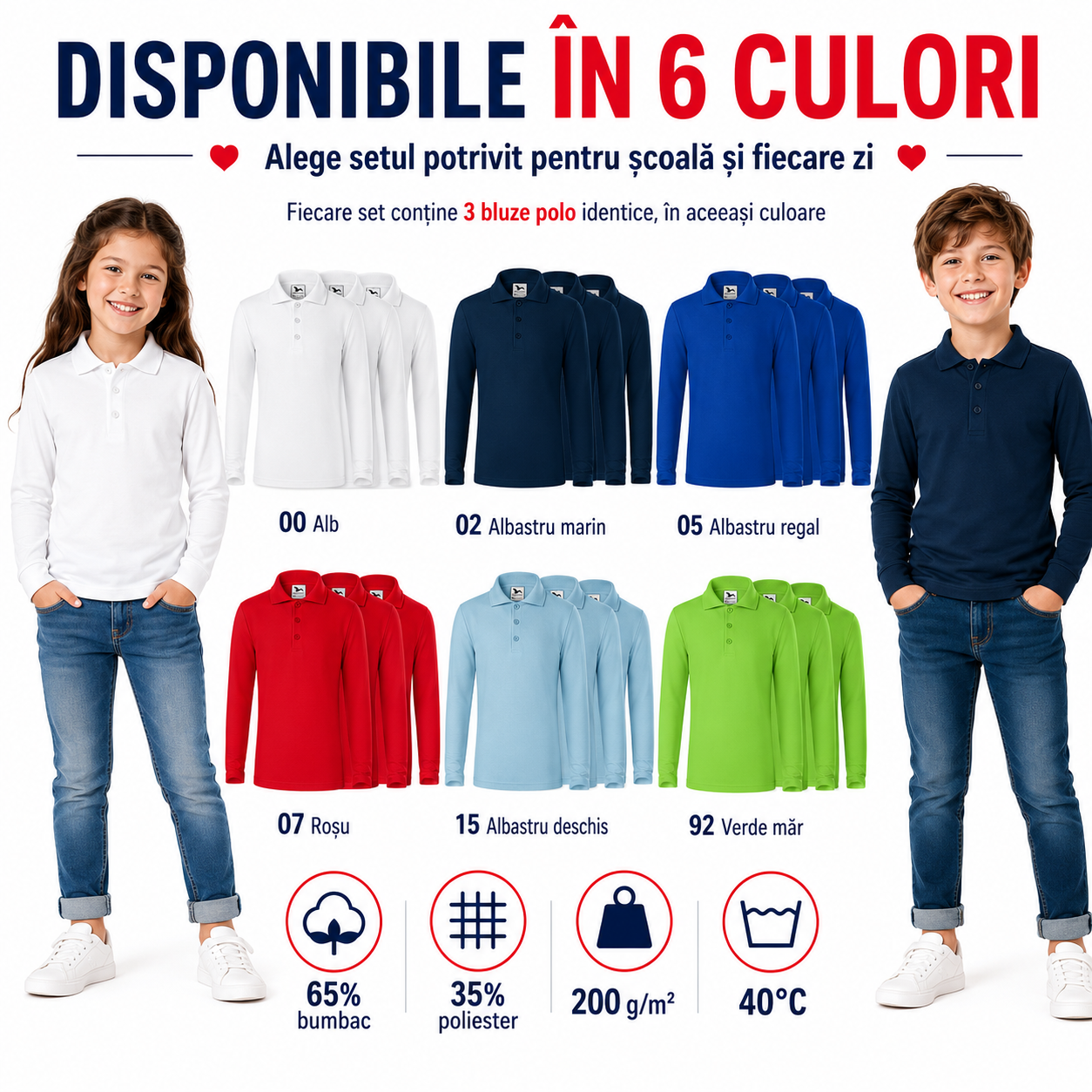 Set 3 bluze polo copii Malfini cu m&acirc;necă lungă unisex fete și băieți